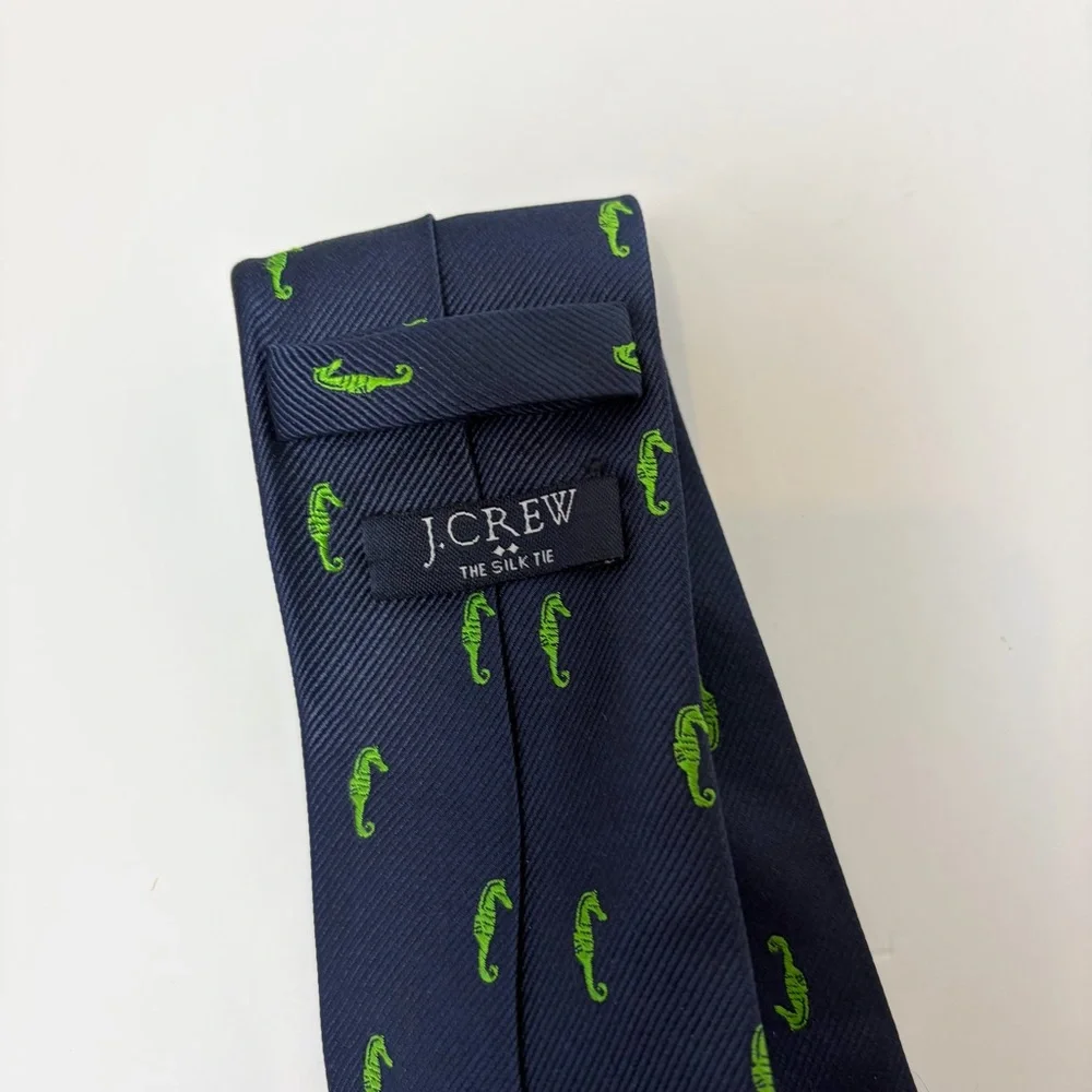 J. Crew Navy and Green Seahorse The Silk Tie‎ 100% Silk Tie